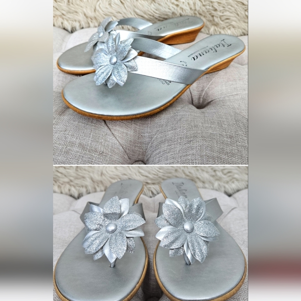 ITALIAN SHOEMAKERS-Italiana Silver Metallic Glitter Flower Sandals mini heel Sz8